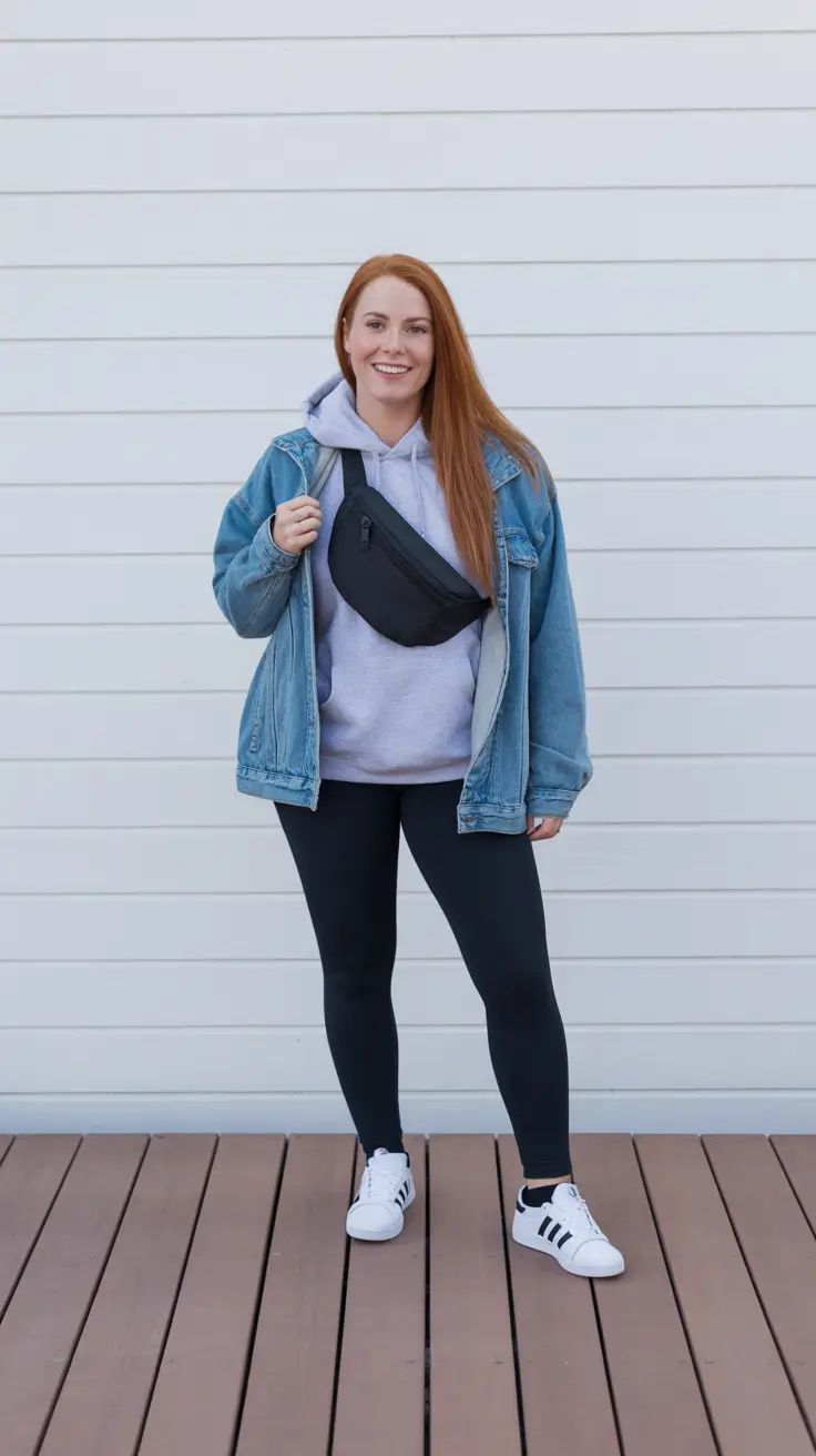 gorgeous spring mom outfits 2026 - Denim Jacket And Belt Bag With Leggings Energy