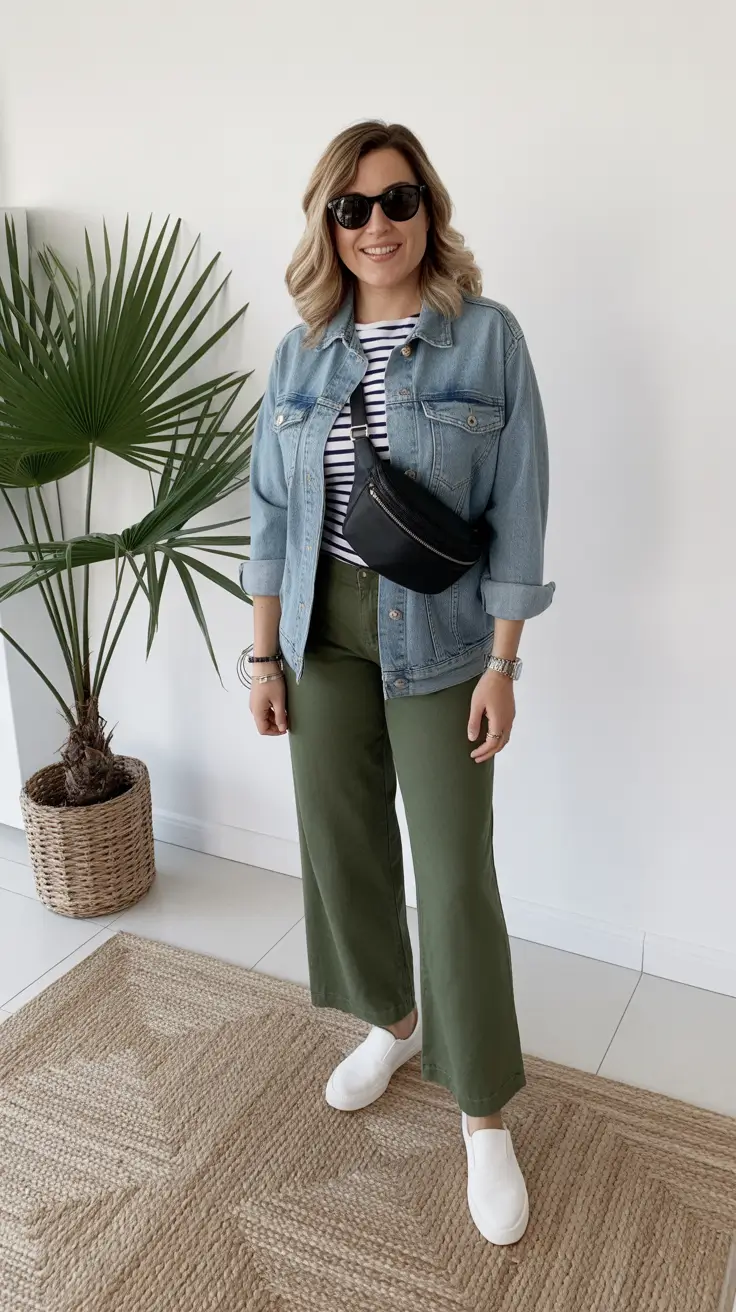 gorgeous spring mom outfits 2026 - Striped Tee And Green Pants With Denim Jacket Cool
