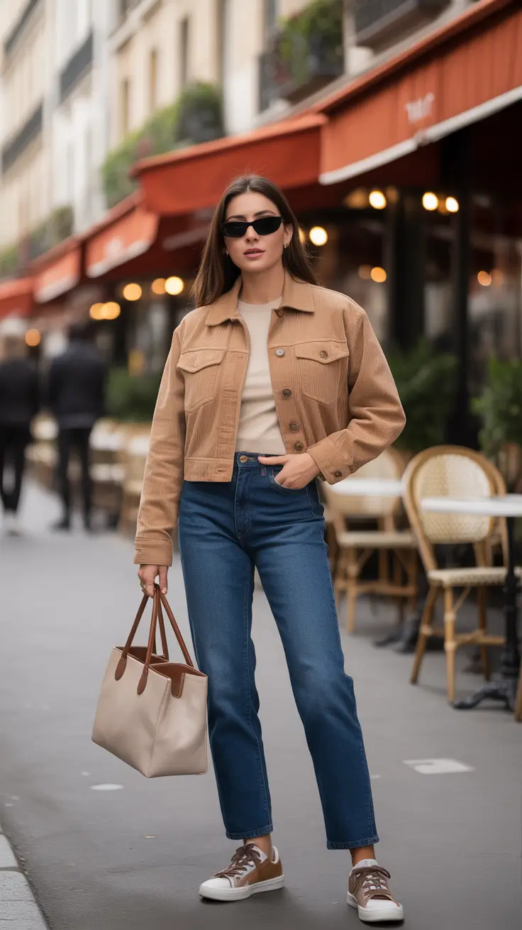 gorgeous spring mom outfits 2026 - Tan Jacket And Dark Denim For French Girl Spring Energy