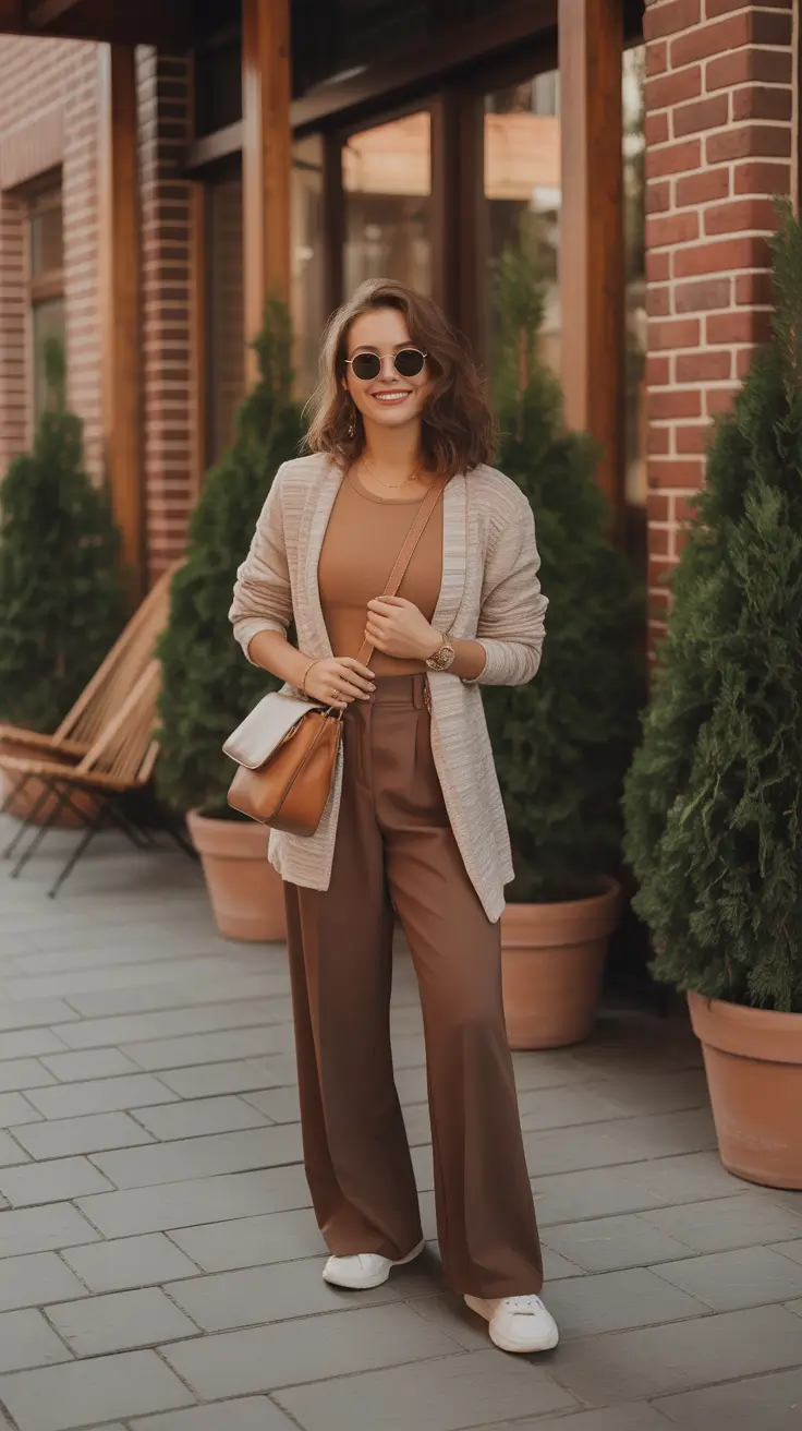 gorgeous spring mom outfits 2026 - Chocolate Monochrome Set With Soft Cardigan Polish