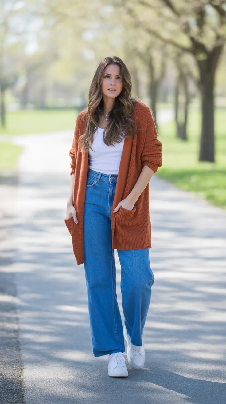 gorgeous spring mom outfits 2026 - Rust Cardigan And Wide Jeans For Park Walk Comfort