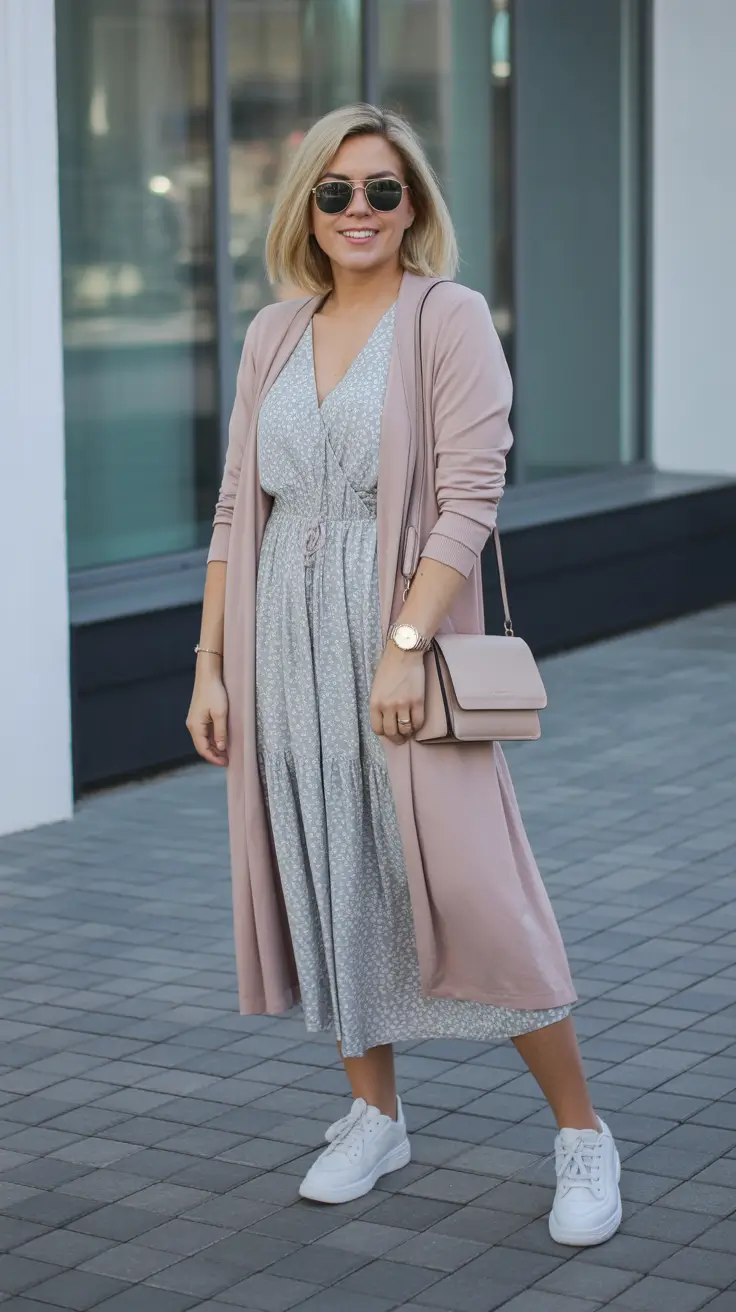 gorgeous spring mom outfits 2026 - Soft Pink Duster And Floral Midi For Sneaker Friendly Dress Days