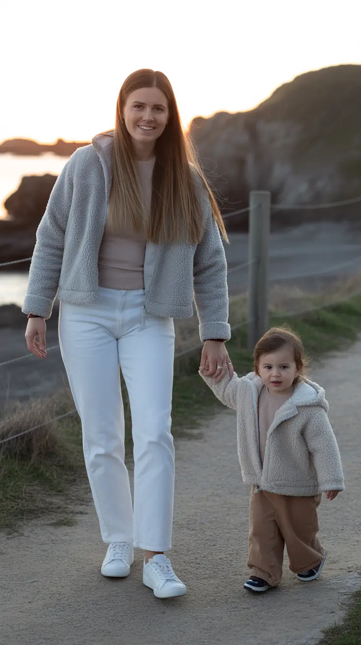gorgeous spring mom outfits 2026 - Cozy Fleece And White Jeans For Golden Hour Walks