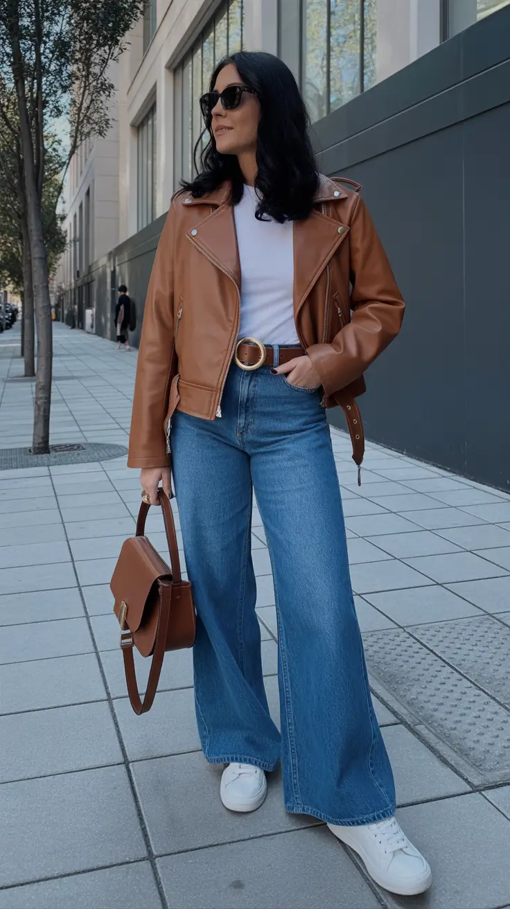 gorgeous spring mom outfits 2026 - Cognac Leather And Blue Denim For City Ready Confidence