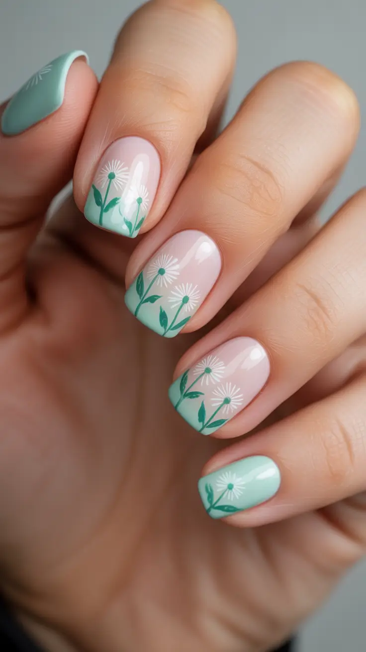 Spring Nails 2026 Mint French Tips With Airy Wildflower Lines