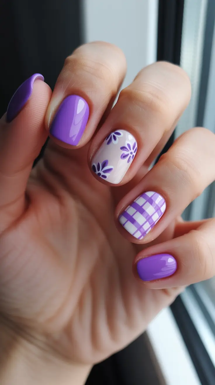 Spring Nails 2026 Violet Pop With Plaid And Petal Accents