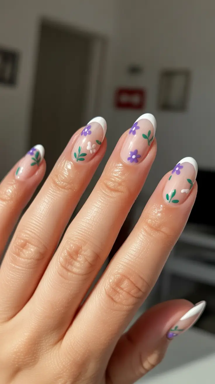 Spring Nails 2026 Sheer French Almond With Tiny Violet Florals