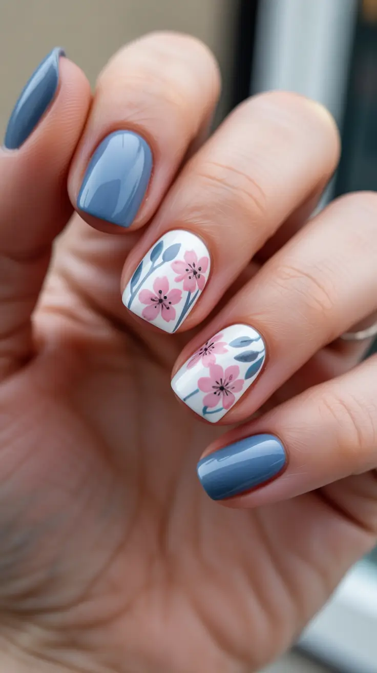 Spring Nails 2026 Dusty Blue Solids With Soft Pink Blossom Art