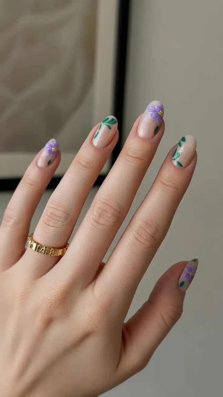 Spring Nails 2026 Pearl Nude Base With Lavender Flowers And Gold Centers
