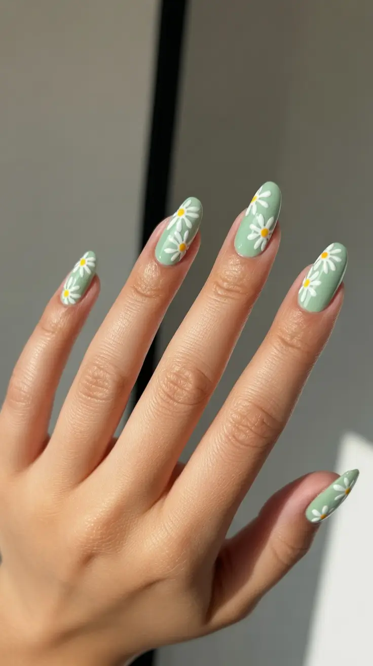 Spring Nails 2026 Sage Green Almond Daisies That Feel Like Fresh Air