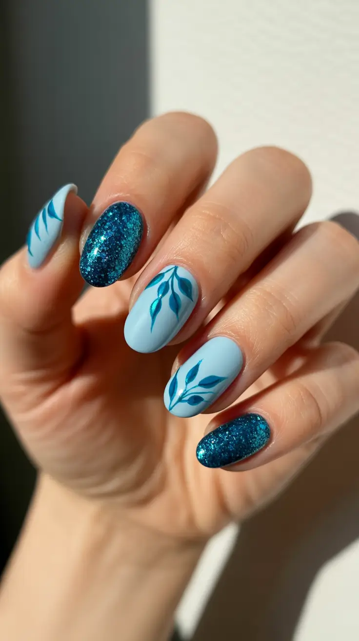 Spring Nails 2026 + Aqua Leaf Art With Deep Teal Sparkle