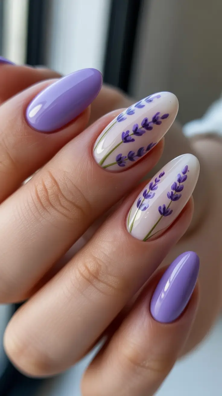 Spring Nails 2026 + Lavender Field Almond Nails With Fine Floral Stems