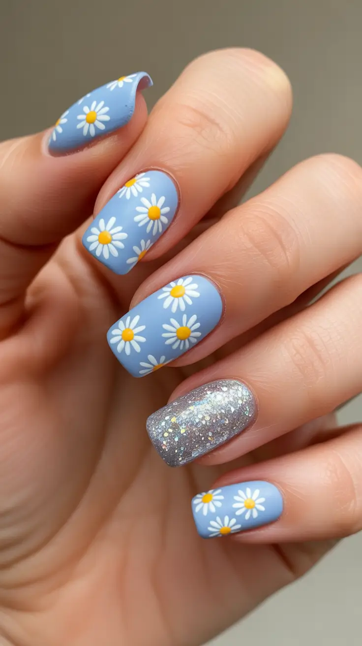 Spring Nails 2026 Periwinkle Daisy Print With A Sparkly Accent Nail