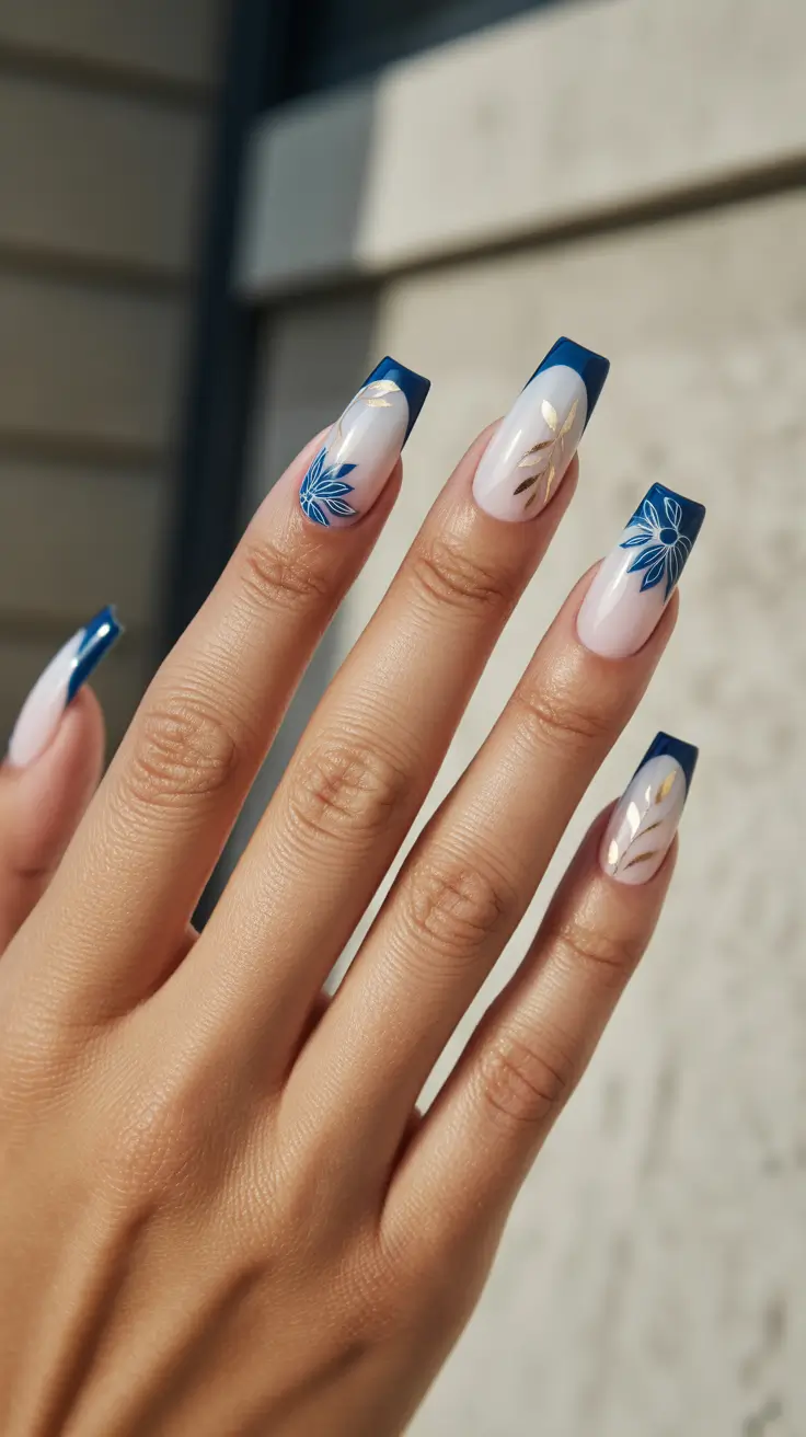 Spring Nails 2026 + Navy French Square Tips With Gold And Blue Botanicals