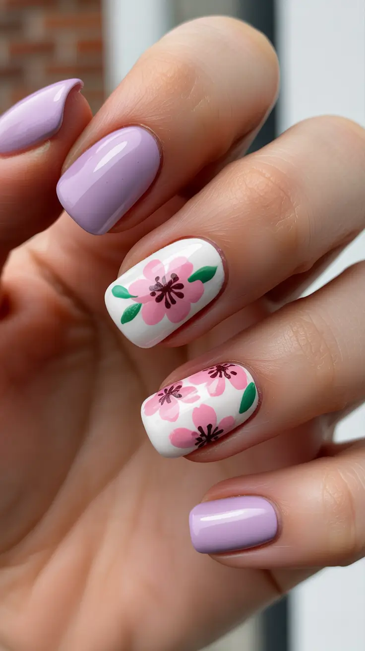 Spring Nails 2026 Lavender Gloss With Pink Blossom Accent