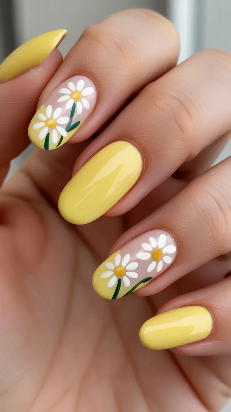 Spring Nails 2026 Sunny Yellow With Daisy Corners