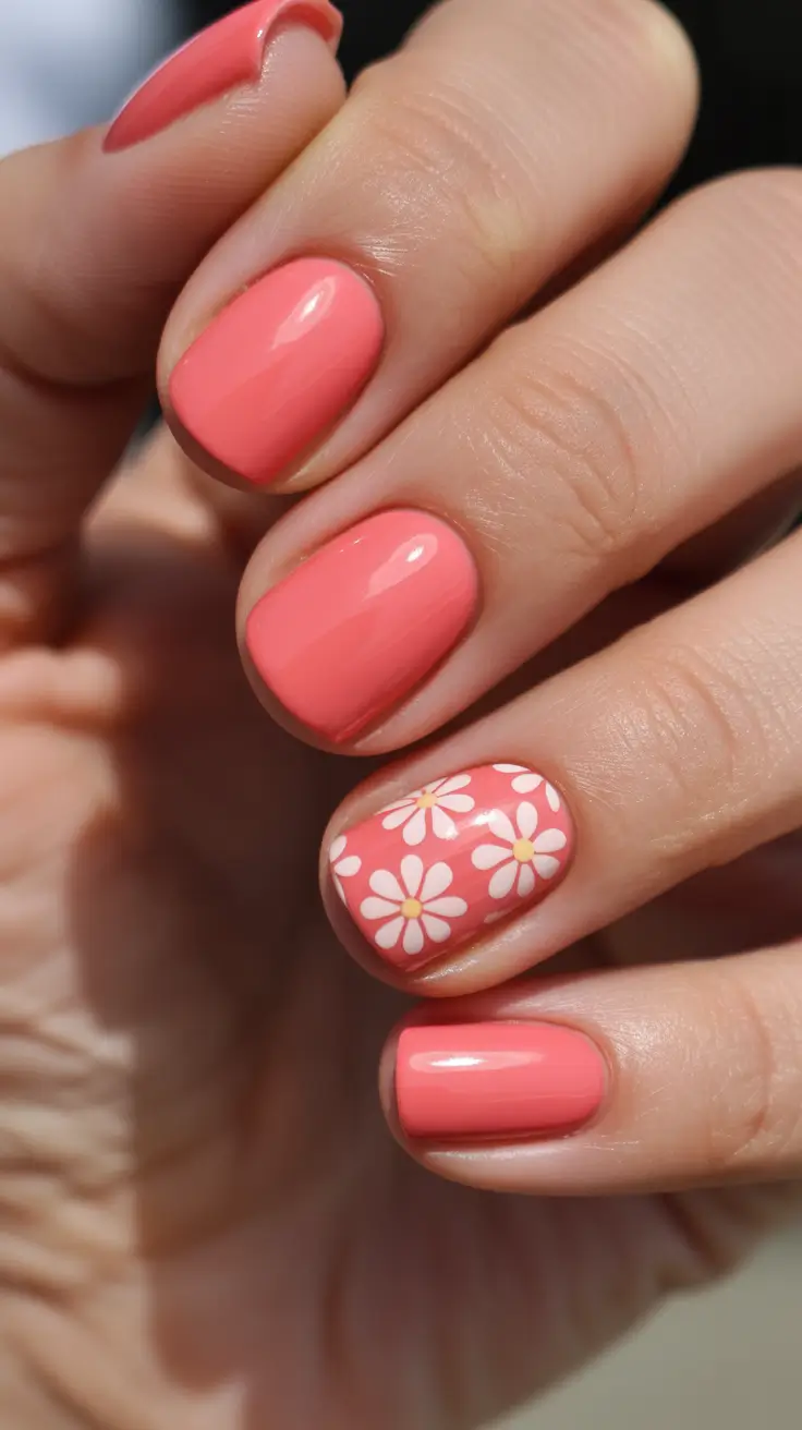 Spring Nails 2026 + Coral Jelly Pop With Mini Daisy Accent