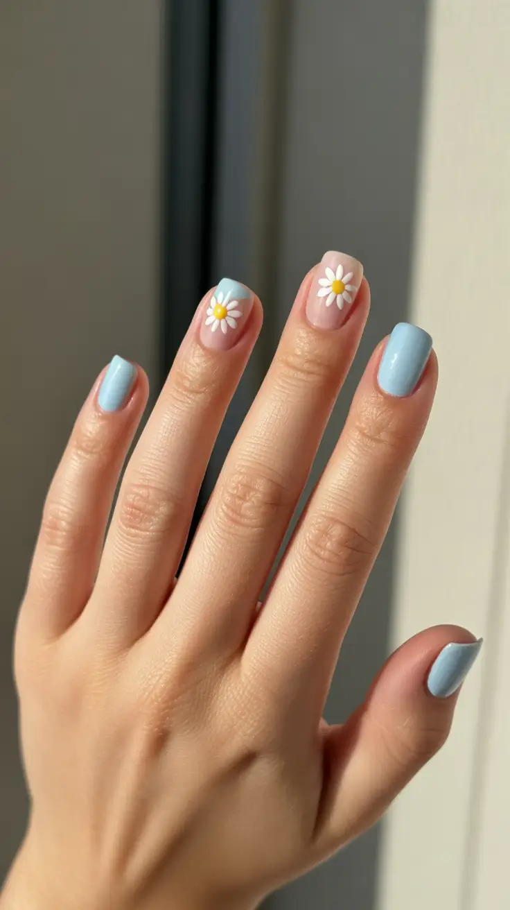 Spring Nails 2026 + Baby Blue Tips With Tiny Daisies