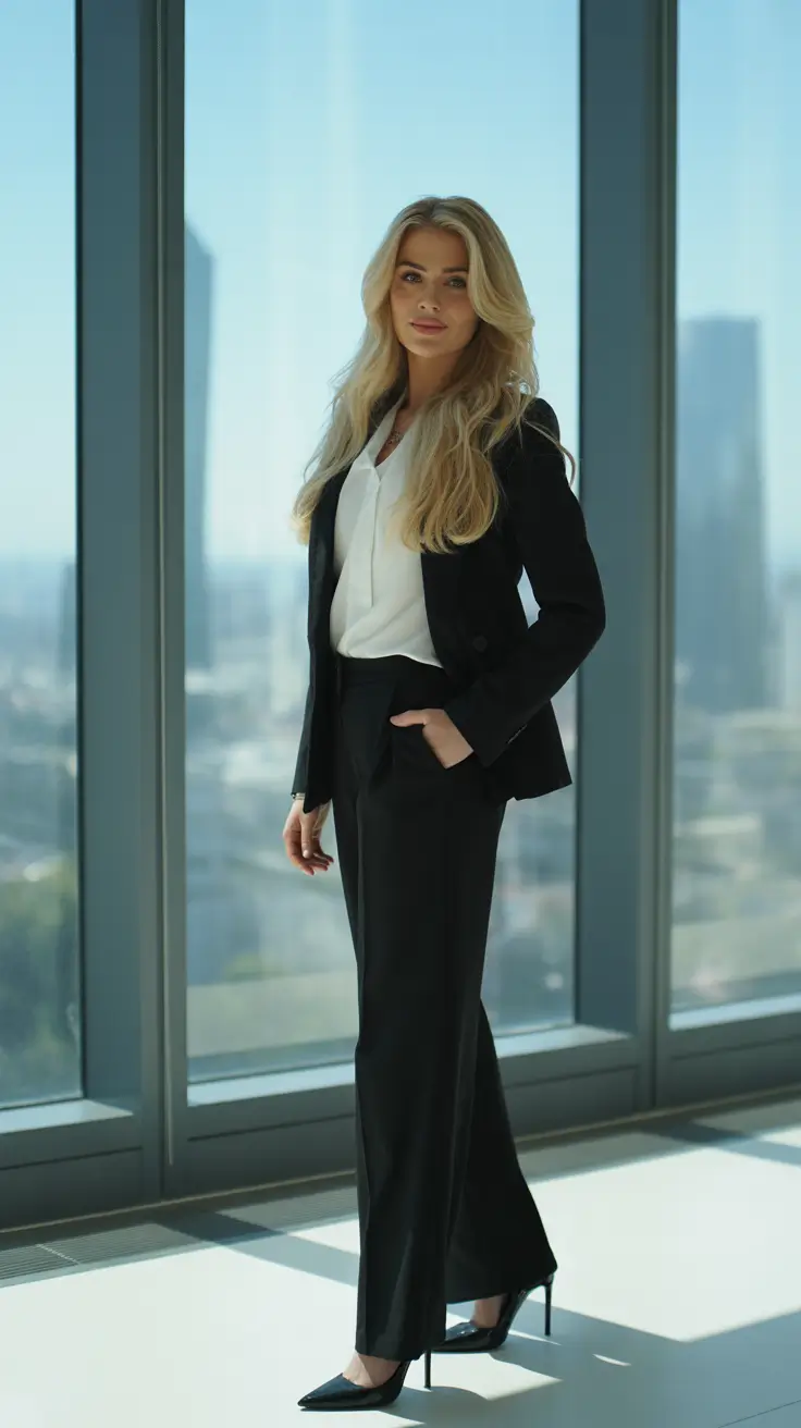 Smart spring office outfits 2026 - Sleek Black Suit With A Soft White Blouse