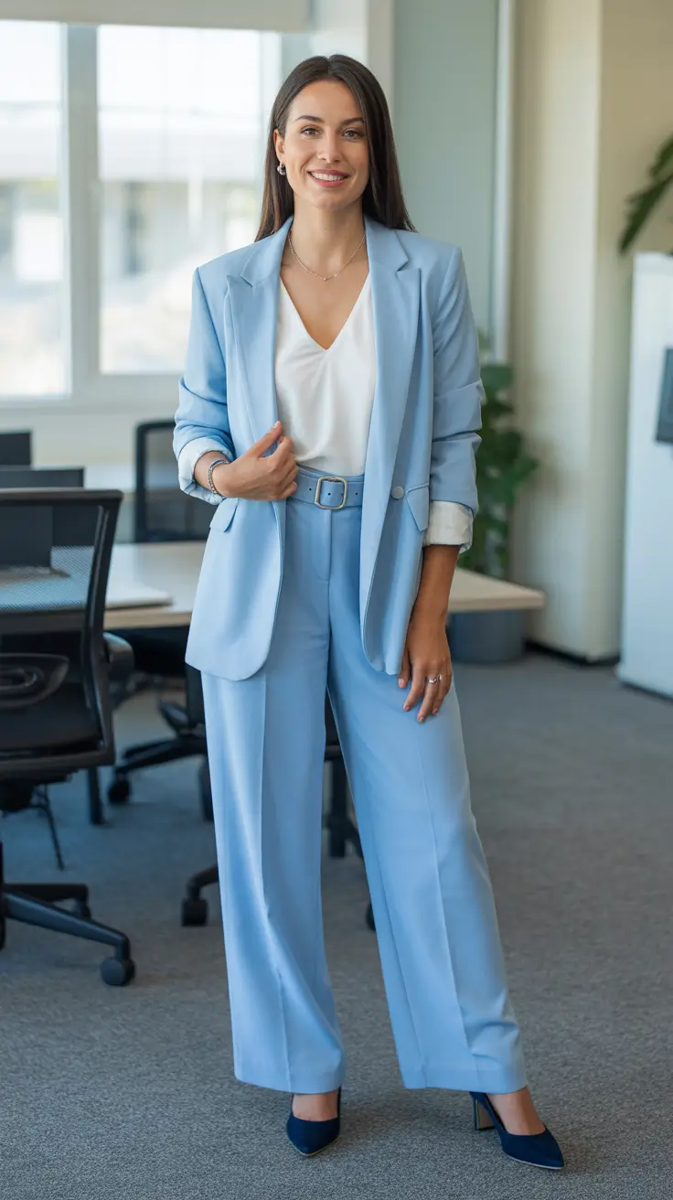 Smart spring office outfits 2026 - Sky Blue Suit With A Crisp White V Neck