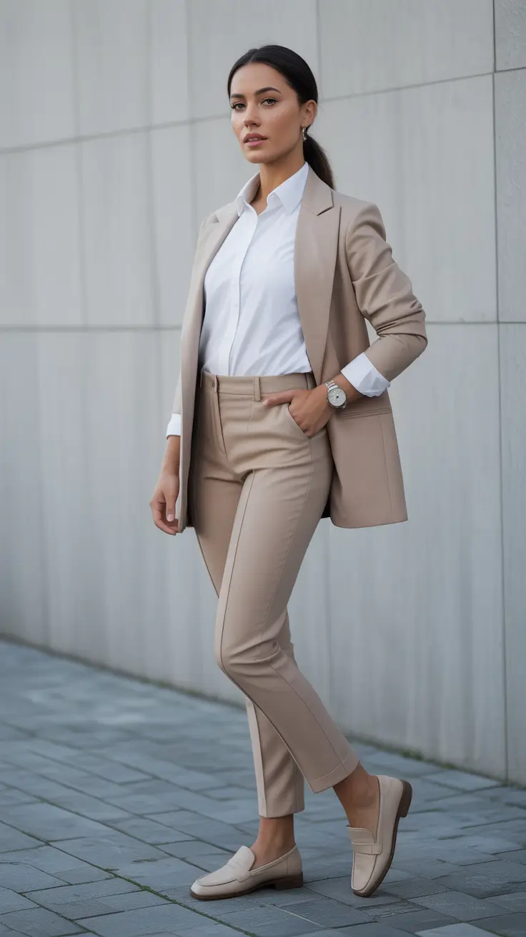 Smart spring office outfits 2026 - Monochrome Beige Suit With Loafers For A Calm Power Look