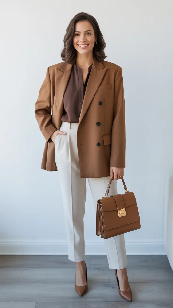 Smart spring office outfits 2026 - Chocolate Blazer And Ivory Pants Quiet Power