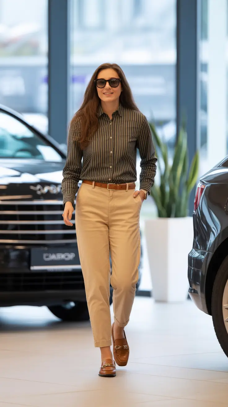 Smart spring office outfits 2026 - Striped Shirt And Khaki Loafer Chic