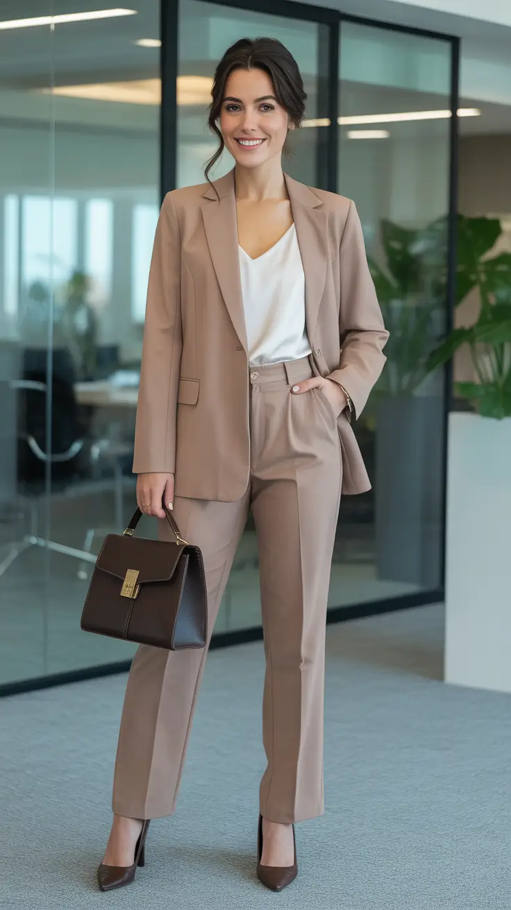 Smart spring office outfits 2026 - Monochrome Taupe Suit With Soft Shine