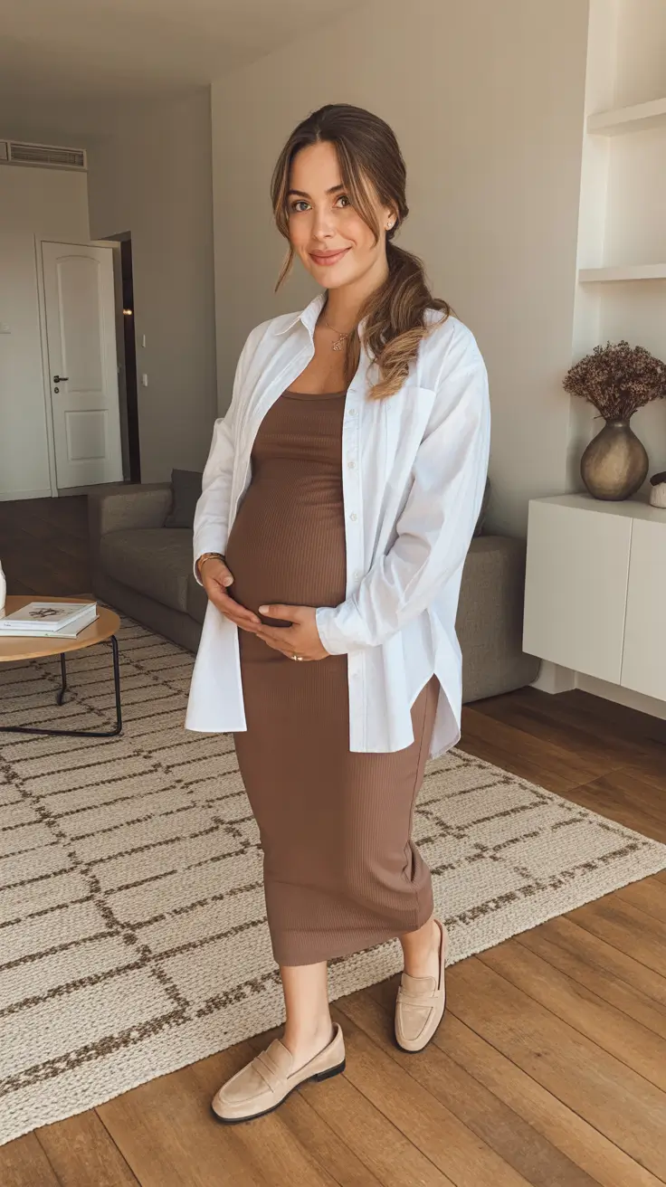 fresh spring outfit for pregnant women 2026 - Chocolate Ribbed Dress With An Easy White Shirt Layer