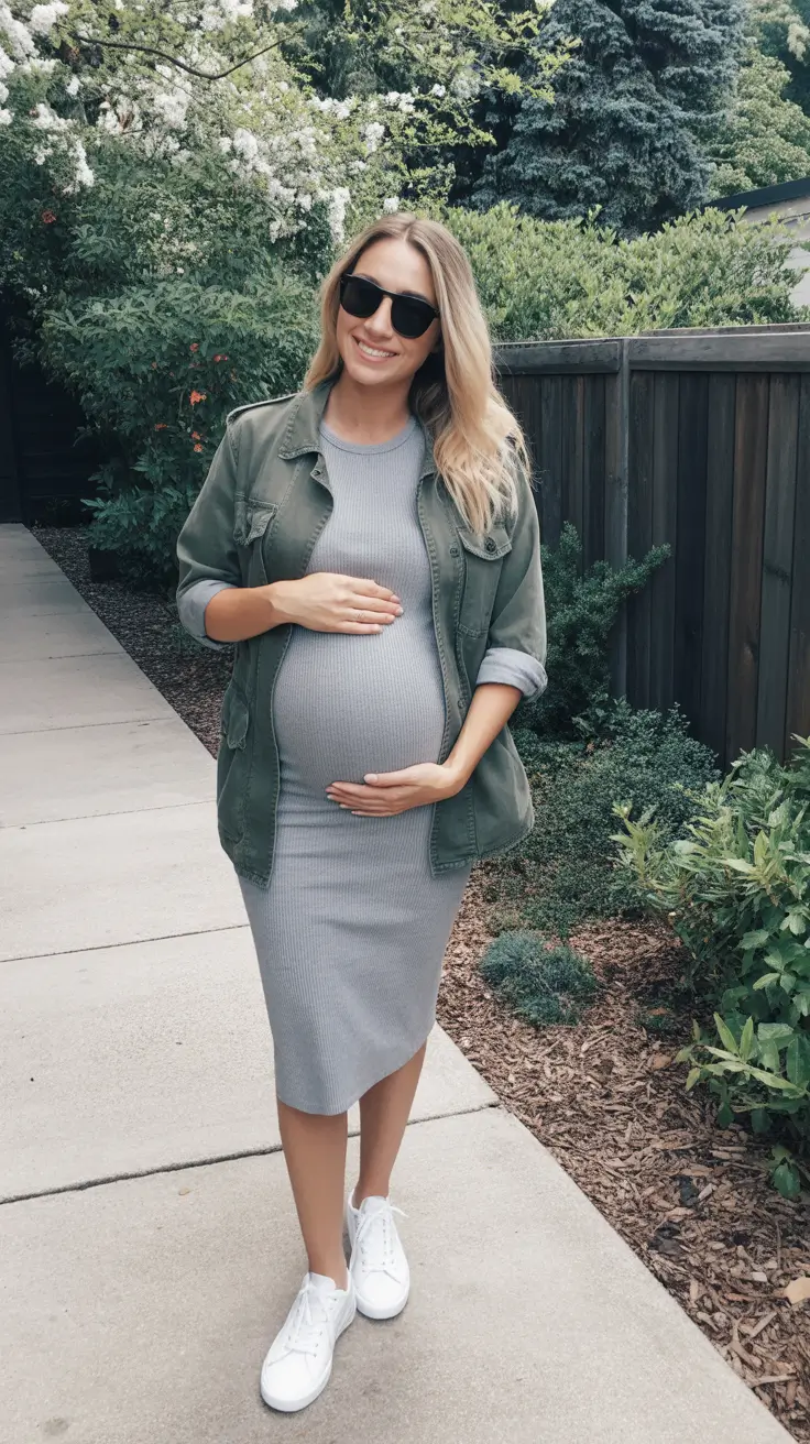 fresh spring outfit for pregnant women 2026 - Ribbed Midi Dress With A Utility Jacket Twist