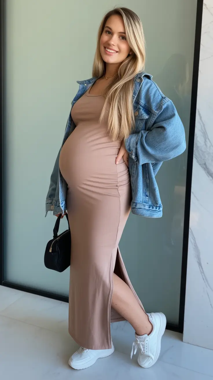 fresh spring outfit for pregnant women 2026 - Denim Jacket Over A Taupe Maxi Dress And Clean White Sneakers