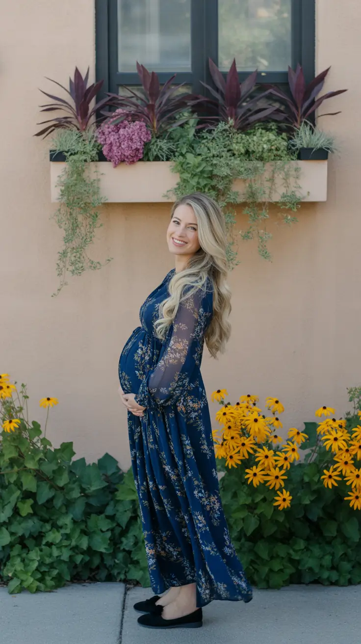 fresh spring outfit for pregnant women 2026 - Navy Floral Maxi Dress With Romantic Spring Movement