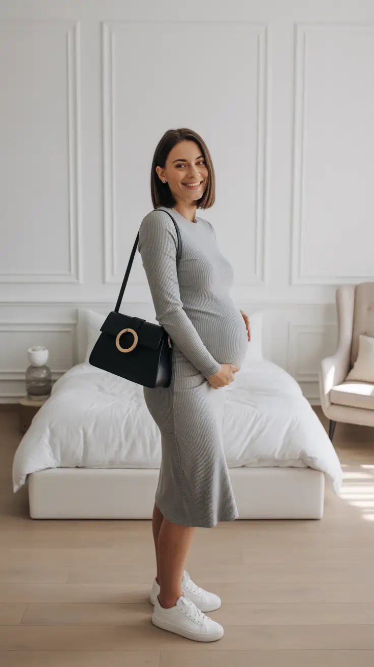 fresh spring outfit for pregnant women 2026 - Gray Ribbed Midi Dress With Sneakers And A Structured Black Bag
