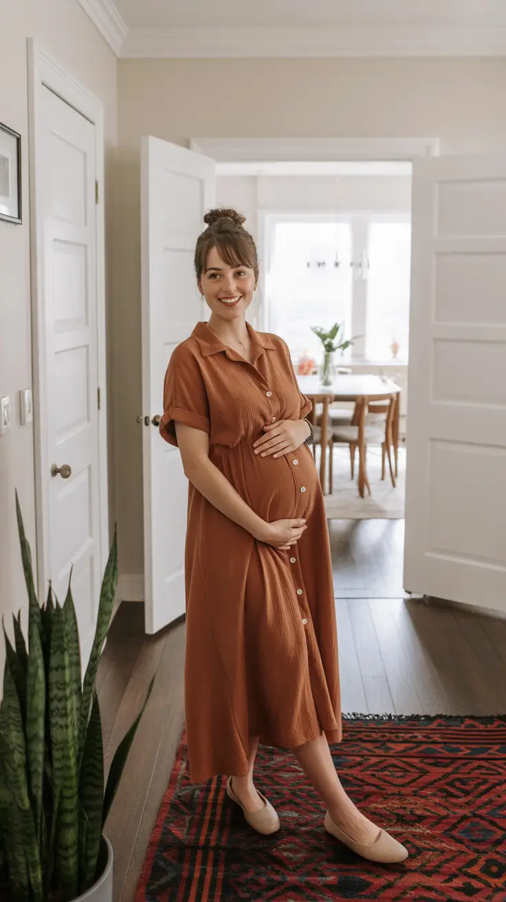 fresh spring outfit for pregnant women 2026 - Rust Button Front Dress That Feels Effortless