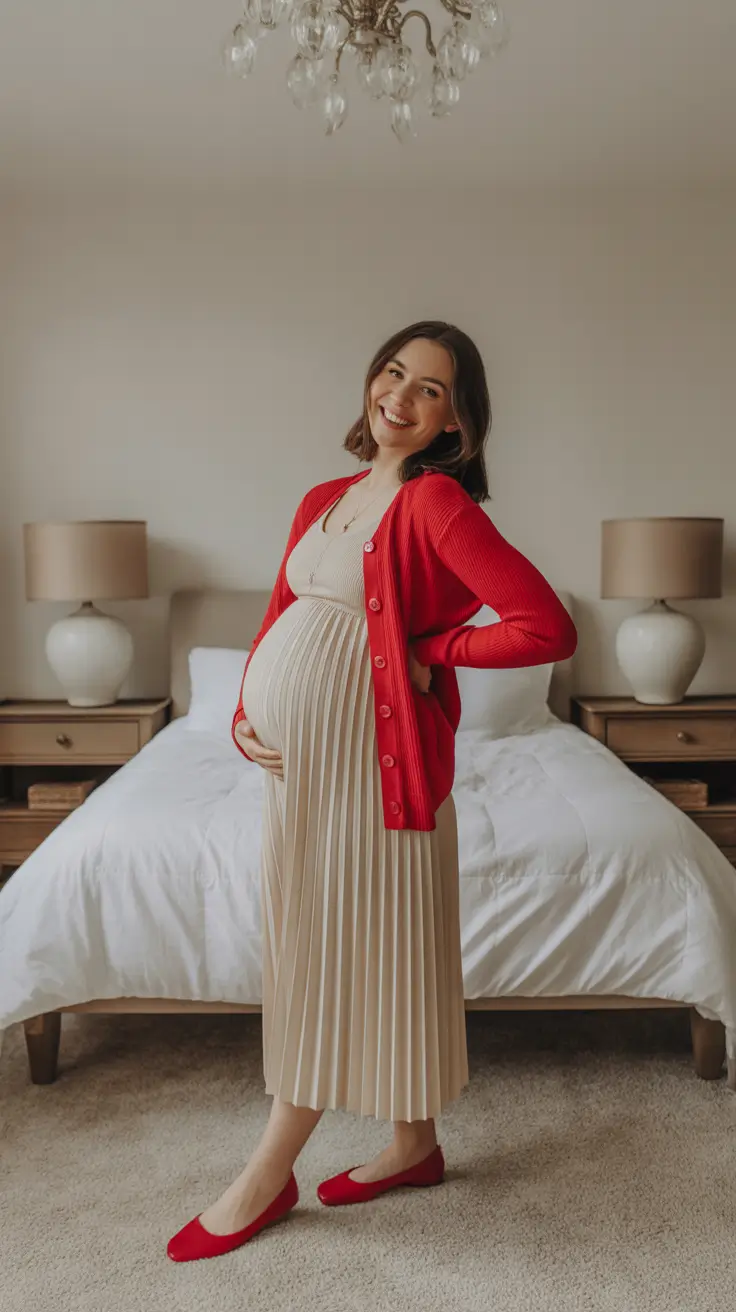 fresh spring outfit for pregnant women 2026 - Red Cardigan Energy For A Sweet Spring Party Moment