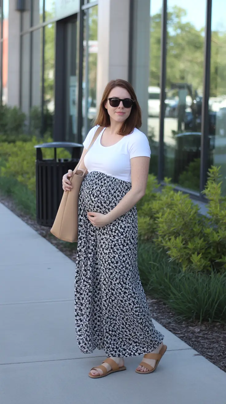 fresh spring outfit for pregnant women 2026 - White Tee And Floral Maxi For Everyday Freshness