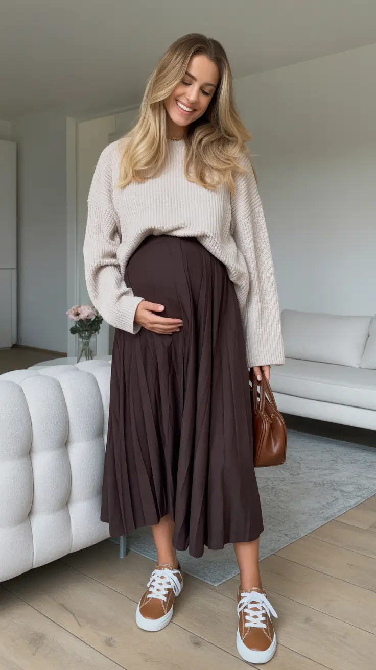 fresh spring outfit for pregnant women 2026 - Soft Knit Sweater With A Flowy Chocolate Pleated Skirt