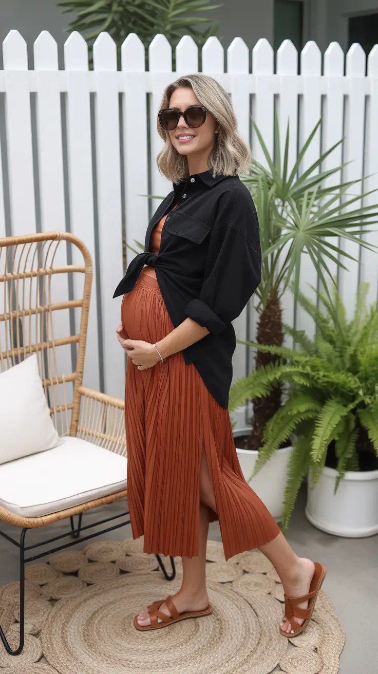 fresh spring outfit for pregnant women 2026 - Black Shirt Layering Over A Cinnamon Pleated Skirt