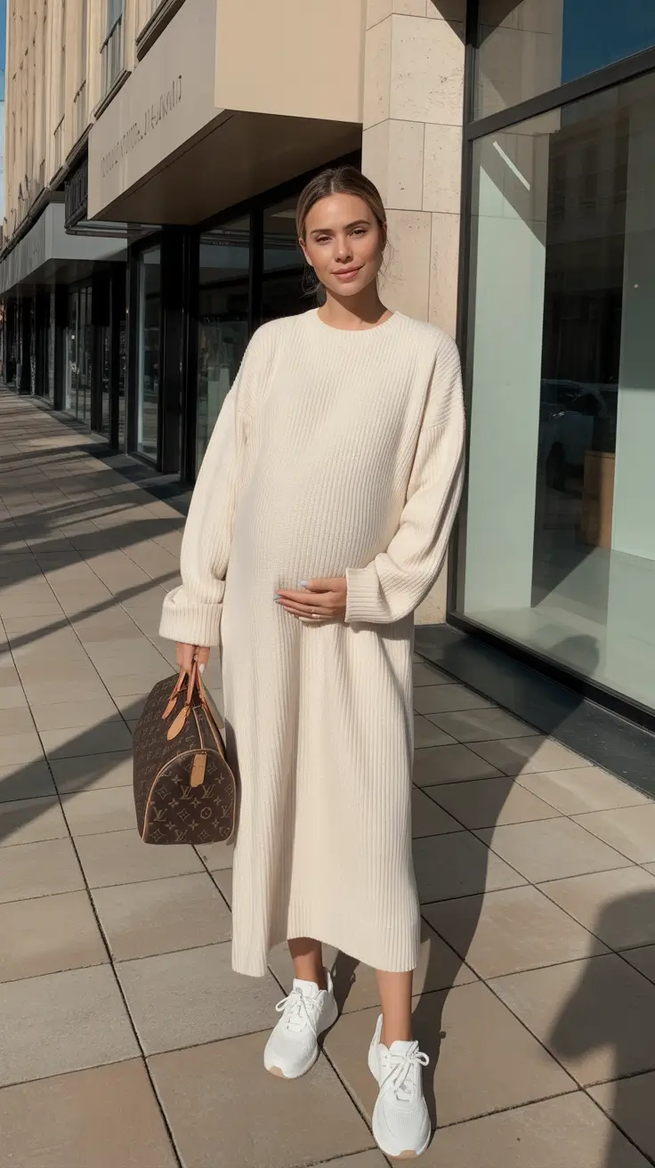 fresh spring outfit for pregnant women 2026 - Cream Knit Dress With Sneakers For City Days