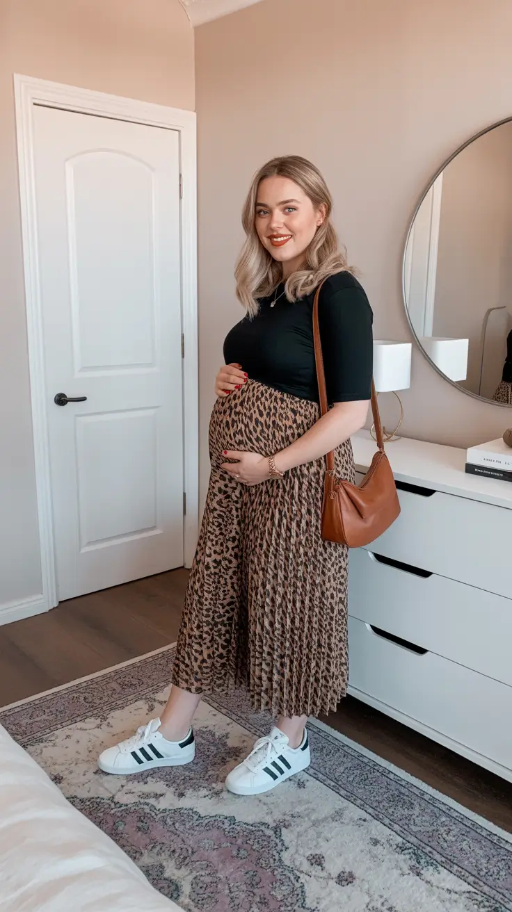 fresh spring outfit for pregnant women 2026 - Sporty Chic With A Pleated Leopard Midi