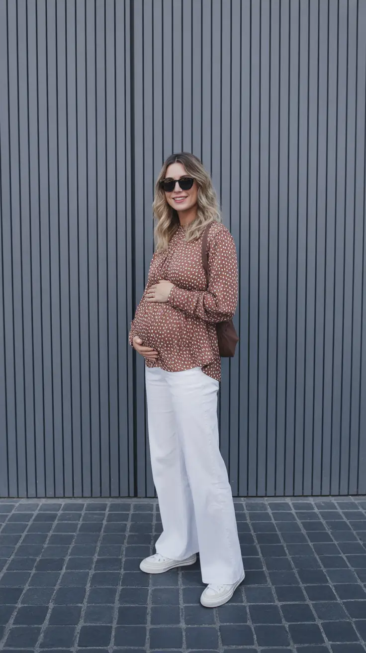 fresh spring outfit for pregnant women 2026 - Polished Neutral Top With Wide Leg White Pants