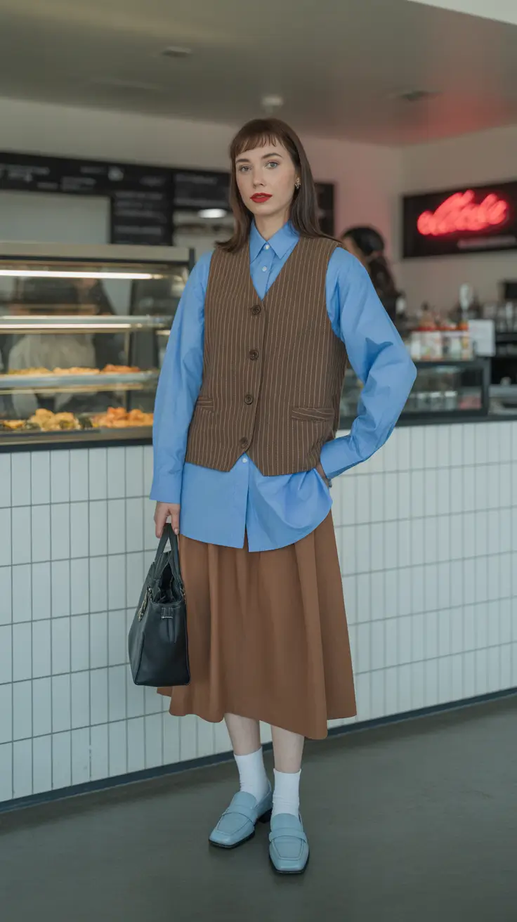 stylish spring outfit for Wednesday 2026 + Pinstripe Vest Over A Blue Shirt For A Work Casual Wednesday