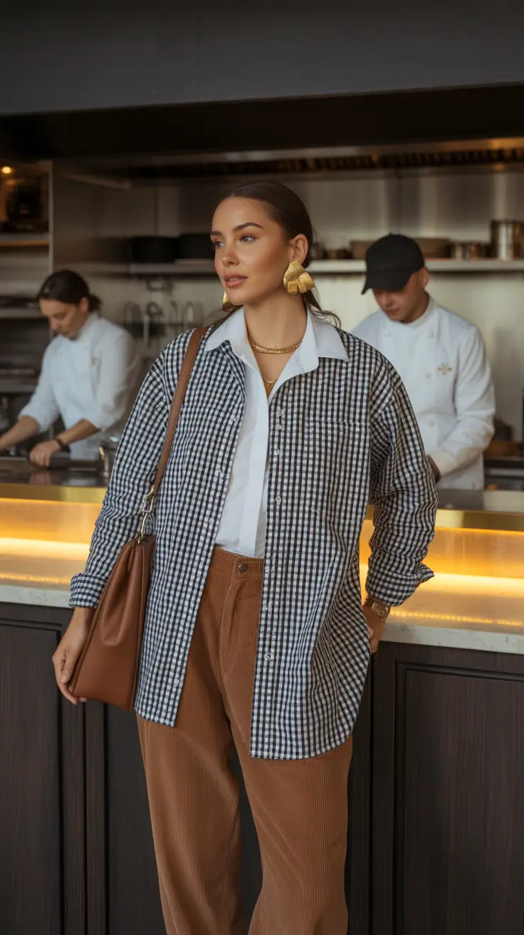 stylish spring outfit for Wednesday 2026 Gingham Overshirt With Caramel Trousers For A Midweek Lunch Break