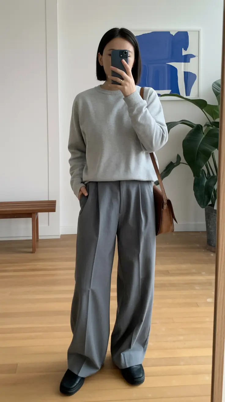 stylish spring outfit for Wednesday 2026 Soft Grey Sweatshirt And Tailored Trousers For Quiet Confidence