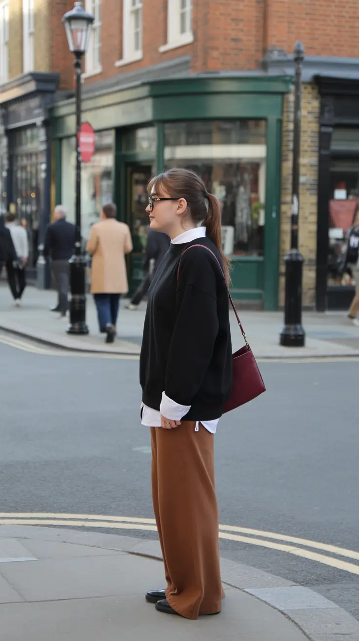 stylish spring outfit for Wednesday 2026 Black Sweater Over A White Collar With Cinnamon Pants