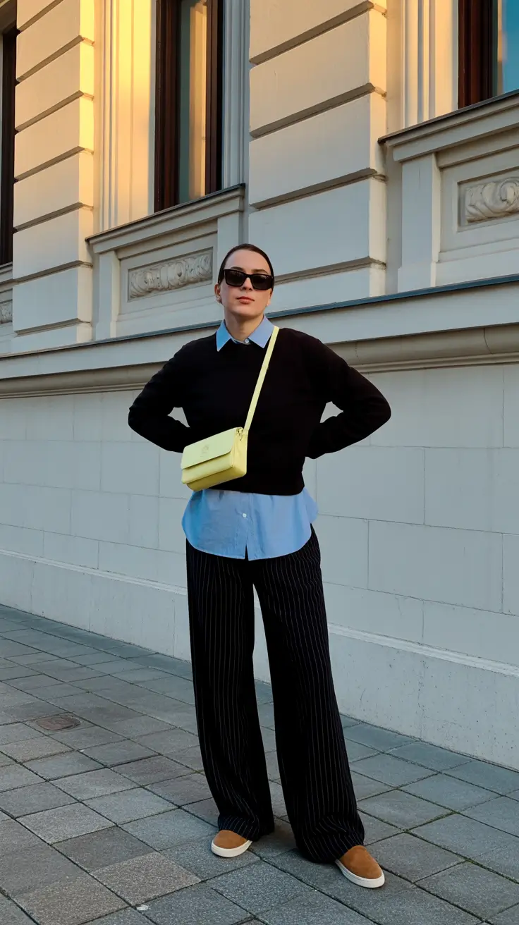stylish spring outfit for Wednesday 2026 Black Sweater Layering With Pinstripes And A Pop Bag