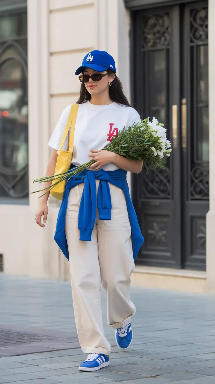 stylish spring outfit for Wednesday 2026 + Sporty Blue And Cream For A Midweek Flower Run