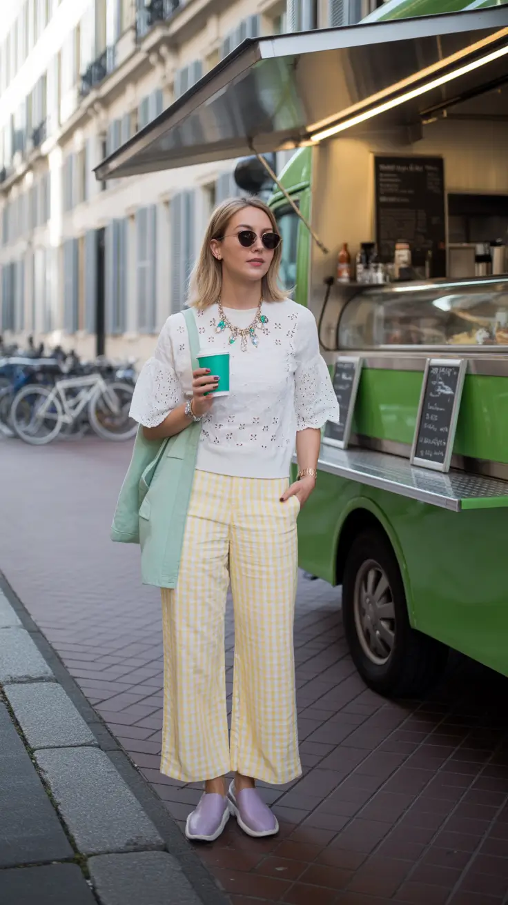 stylish spring outfit for Wednesday 2026 + Eyelet Top And Gingham Pants For A Cute Coffee Break