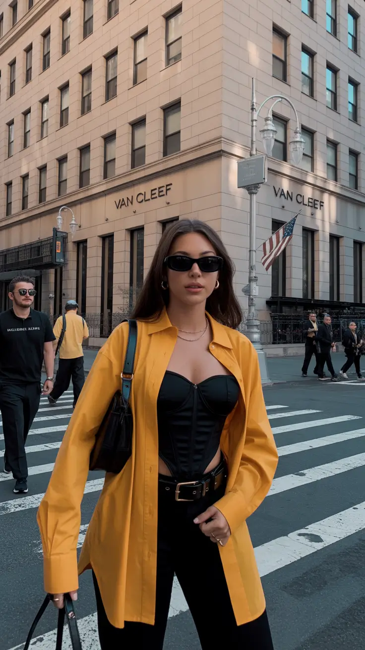 stylish spring outfit for Wednesday 2026 + Mustard Overshirt And Corset Top For Wednesday Night Plans