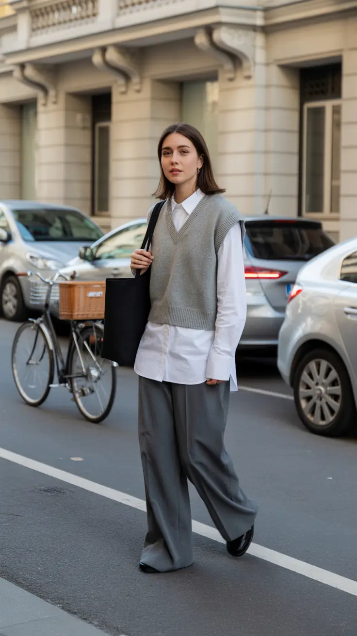 stylish spring outfit for Wednesday 2026 + Grey Sweater Vest And Wide Trousers For A Work Casual Wednesday
